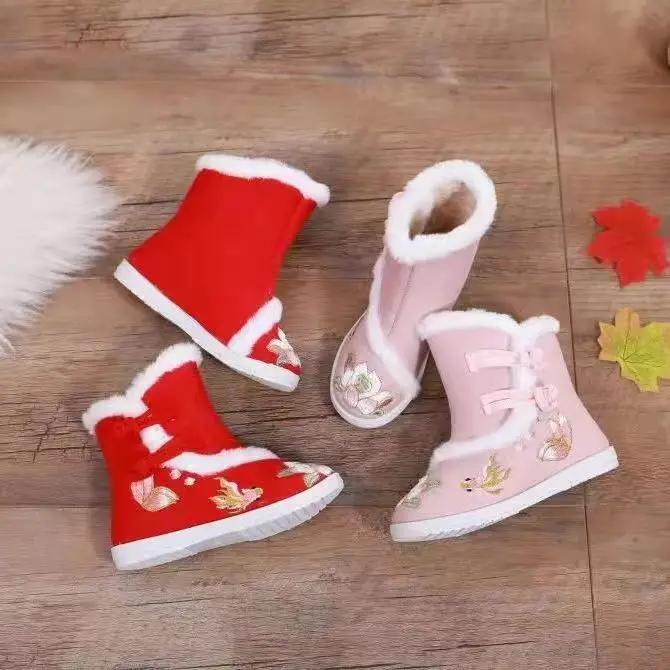 어린이 자수 신발 소녀 면화 부츠 중국 민족 스타일 클래식 두꺼운  기모 학생 복고풍 테이블 가을과 겨울